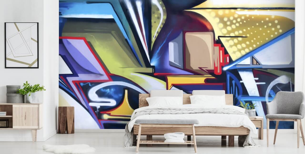 Abstracte blauwe en gouden graffiti-muurschildering