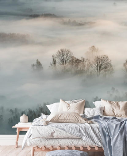 Fotobehang wintermist boven bomen Fotobehang wintermist boven bomen