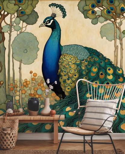blue, teal and gold peacock wall mural called Art Nouveau Peacock for bedrooms, living rooms and dining rooms blue, teal and gold peacock wall mural called Art Nouveau Peacock for bedrooms, living rooms and dining rooms