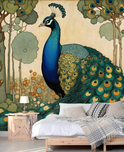 Blaues, blaugrünes und goldenes Pfau-Wandbild namens Jugendstil-Pfau für Schlafzimmer, Wohn- und Esszimmer Blaues, blaugrünes und goldenes Pfau-Wandbild namens Jugendstil-Pfau für Schlafzimmer, Wohn- und Esszimmer
