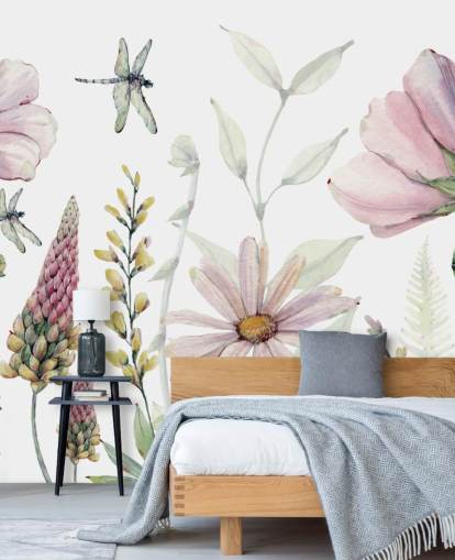 fresque murale de fleurs roses qui poussent fresque murale de fleurs roses qui poussent