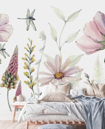 fresque murale de fleurs roses qui poussent fresque murale de fleurs roses qui poussent