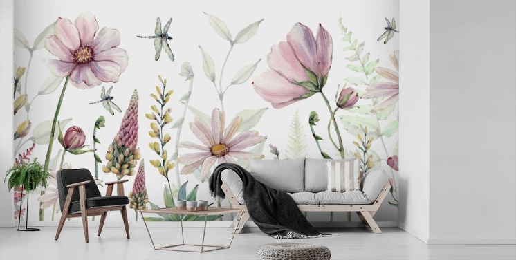 pink growing flowers wall mural