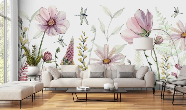 mural de pared rosa con flores en crecimiento