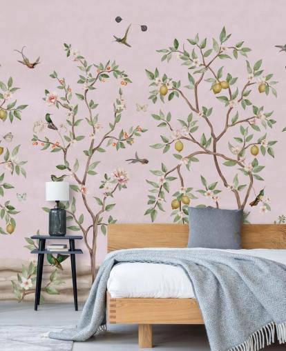 lemon tree chinoiserie in pink wall mural lemon tree chinoiserie in pink wall mural