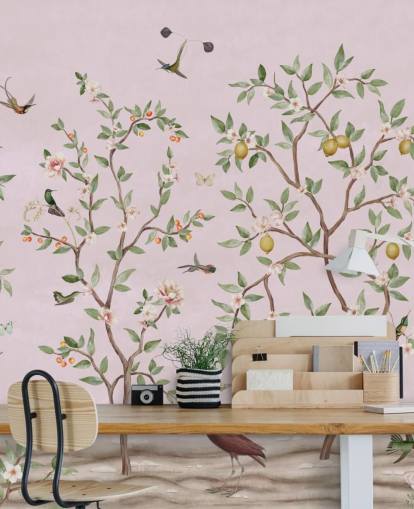 mural de pared rosa con chinoiserie de limonero mural de pared rosa con chinoiserie de limonero