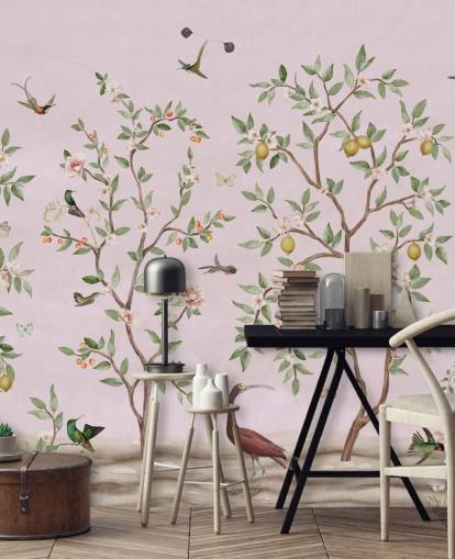 Papier peint Chinoiserie de citronnier en rose Papier peint Chinoiserie de citronnier en rose