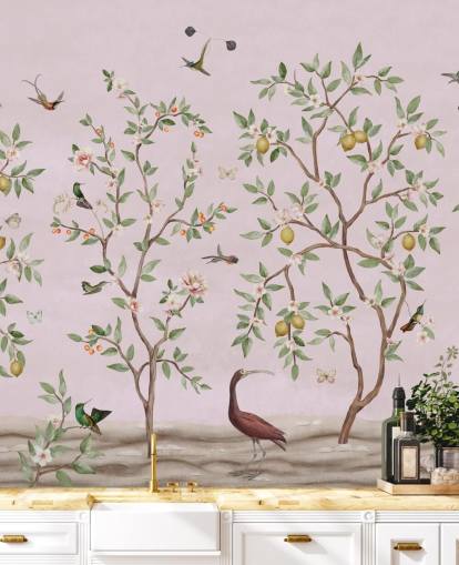 sitruunapuu chinoiserie vaaleanpunaisessa seinämaalauksessa sitruunapuu chinoiserie vaaleanpunaisessa seinämaalauksessa