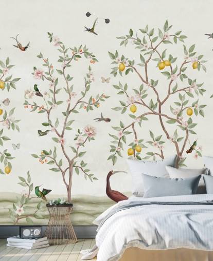citrontræ chinoiserie tapet vægmaleri citrontræ chinoiserie tapet vægmaleri