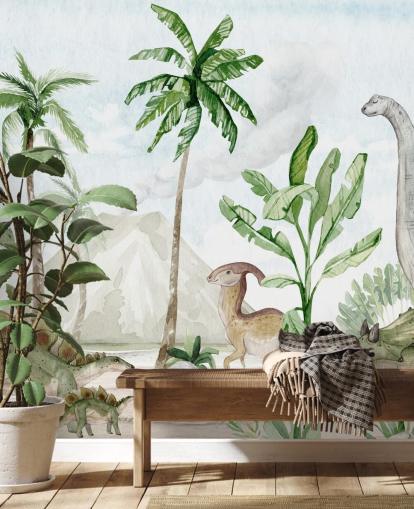 bonito mural de papel pintado de dinosaurios llamado Dino Joy de Oliver Robins para dormitorios infantiles y salas de juegos bonito mural de papel pintado de dinosaurios llamado Dino Joy de Oliver Robins para dormitorios infantiles y salas de juegos