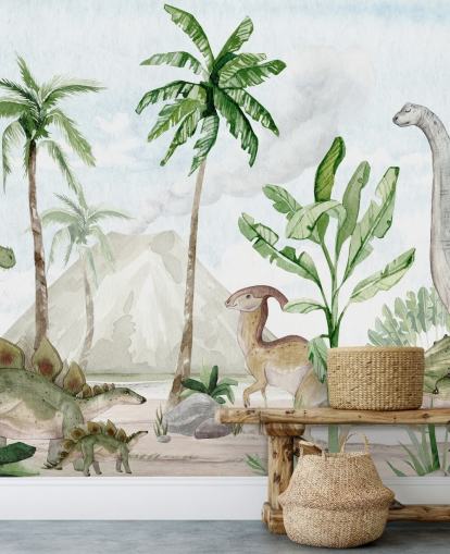 bonito mural de papel pintado de dinosaurios llamado Dino Joy de Oliver Robins para dormitorios infantiles y salas de juegos bonito mural de papel pintado de dinosaurios llamado Dino Joy de Oliver Robins para dormitorios infantiles y salas de juegos