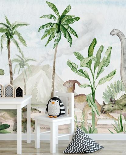 Joli papier peint mural de dinosaure appelé Dino Joy par Oliver Robins pour les chambres d'enfants et les salles de jeux Joli papier peint mural de dinosaure appelé Dino Joy par Oliver Robins pour les chambres d'enfants et les salles de jeux