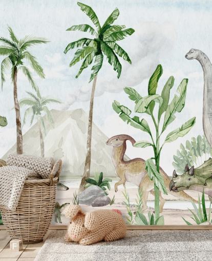 sødt dinosaur tapetmaleri kaldet Dino Joy af Oliver Robins til børns soveværelser og legerum sødt dinosaur tapetmaleri kaldet Dino Joy af Oliver Robins til børns soveværelser og legerum