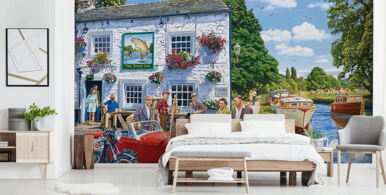 fresque murale d'antan avec pub et canal