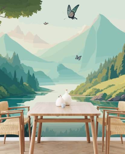 mountain and river landscape with butterflies wall mural called Dancing Butterflies for kid's bedroom mountain and river landscape with butterflies wall mural called Dancing Butterflies for kid's bedroom