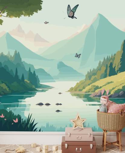 Berg- und Flusslandschaft mit Schmetterlingen, Wandbild Tanzende Schmetterlinge für Kinderzimmer Berg- und Flusslandschaft mit Schmetterlingen, Wandbild Tanzende Schmetterlinge für Kinderzimmer