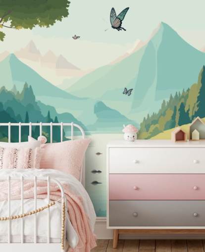 mountain and river landscape with butterflies wall mural called Dancing Butterflies for kid's bedroom mountain and river landscape with butterflies wall mural called Dancing Butterflies for kid's bedroom