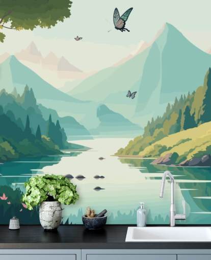 mountain and river landscape with butterflies wall mural called Dancing Butterflies for kid's bedroom mountain and river landscape with butterflies wall mural called Dancing Butterflies for kid's bedroom