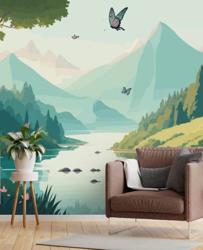 mountain and river landscape with butterflies wall mural called Dancing Butterflies for kid's bedroom mountain and river landscape with butterflies wall mural called Dancing Butterflies for kid's bedroom