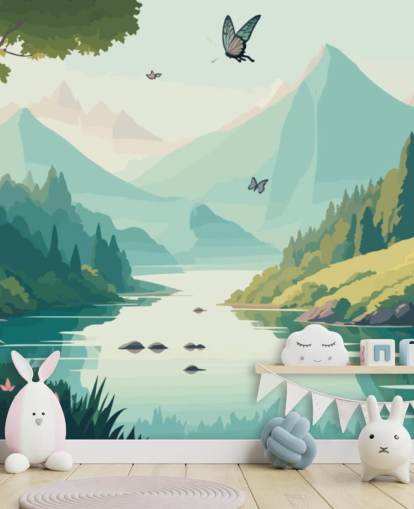 Berg- und Flusslandschaft mit Schmetterlingen, Wandbild Tanzende Schmetterlinge für Kinderzimmer Berg- und Flusslandschaft mit Schmetterlingen, Wandbild Tanzende Schmetterlinge für Kinderzimmer