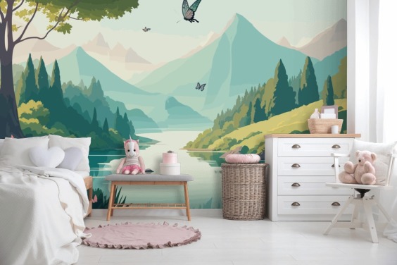 berg- och flodlandskap med fjärilar väggmålning som heter Dancing Butterflies för barnens sovrum