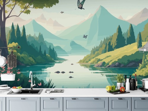 mountain and river landscape with butterflies wall mural called Dancing Butterflies for kid's bedroom