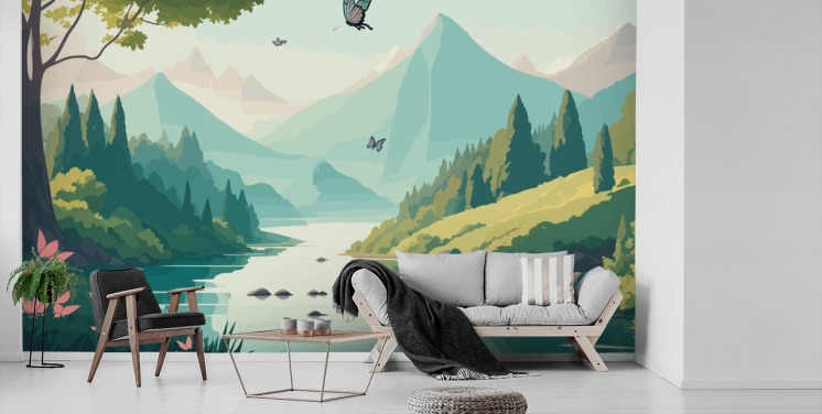 mural de pared de paisaje de montaña y río con mariposas llamado Dancing Butterflies para dormitorio infantil