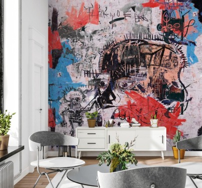 mural abstrato vermelho, azul e preto de PinkPankPunk para quartos, escritórios domésticos e espaços comerciais