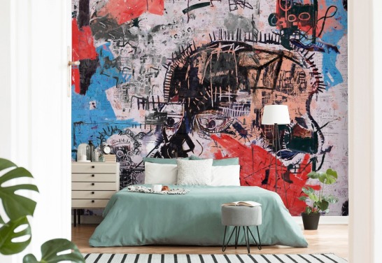 mural abstracto rojo, azul y negro de PinkPankPunk para dormitorios, oficinas domésticas y espacios comerciales