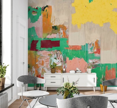 carta da parati murale di arte astratta con verde, giallo e rosa