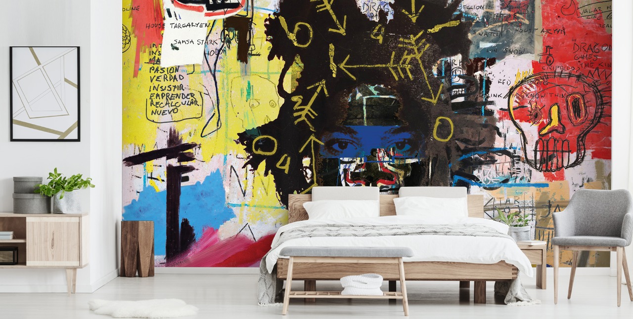 abstract art wallpaper mural with faces and colour