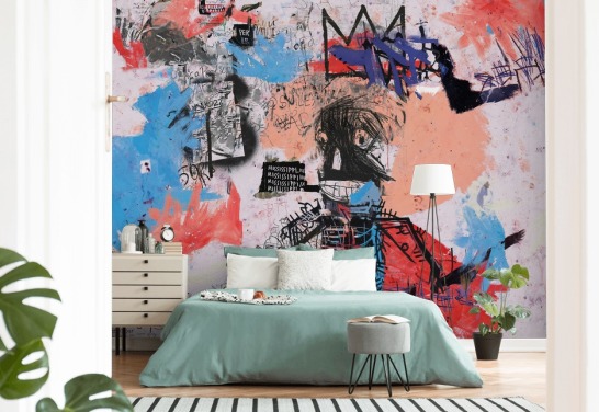 blauwe en rode graffiti muurschildering