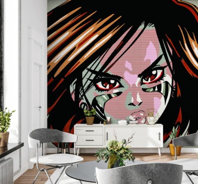 kraftfuld kvindelig pop art vægmaleri