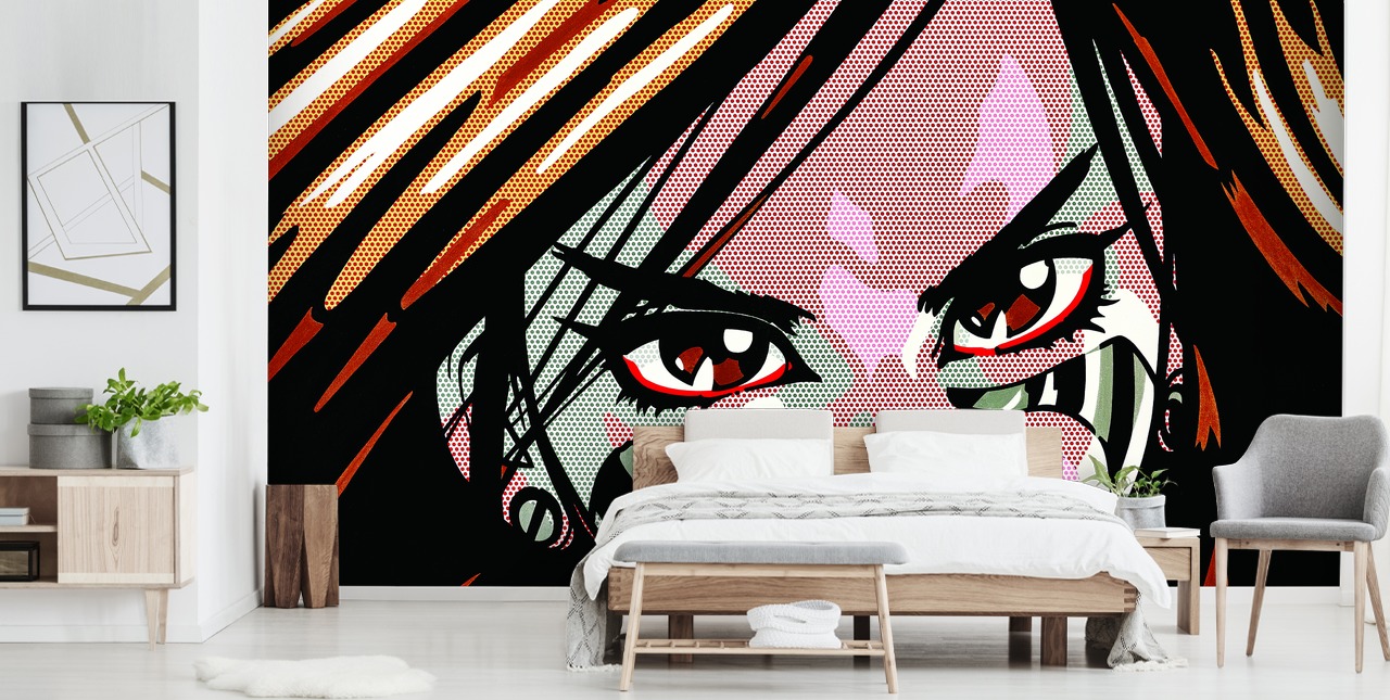kraftfuld kvindelig pop art vægmaleri