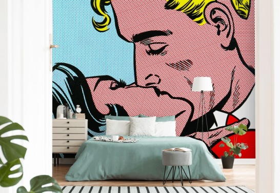 mural de pared de arte pop con beso romántico