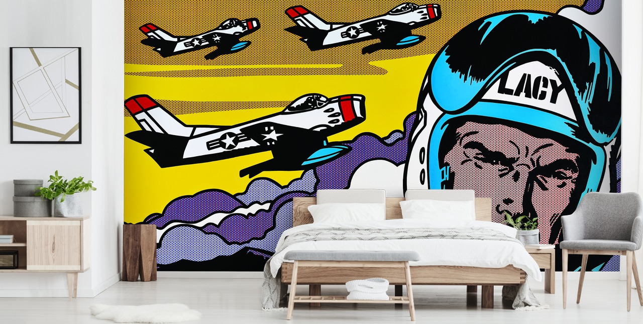 pop-art muurschildering met piloot en vliegtuig