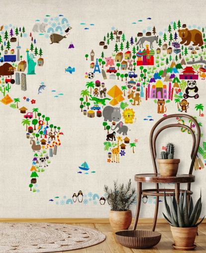 colourful animal world map wall mural called Animal Map Of The World II by Michael Tompsett for children's bedrooms colourful animal world map wall mural called Animal Map Of The World II by Michael Tompsett for children's bedrooms