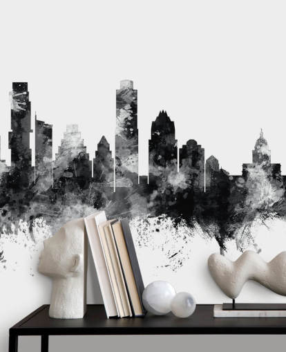 Austin, Texas Skyline mural in black and white Austin, Texas Skyline mural in black and white