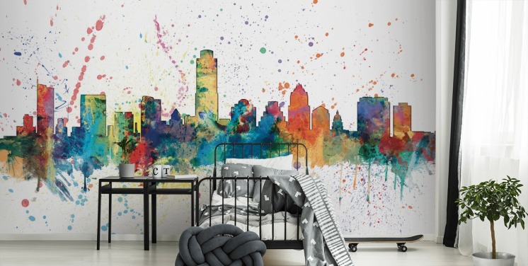 austin texas skyline mural with paint splatter