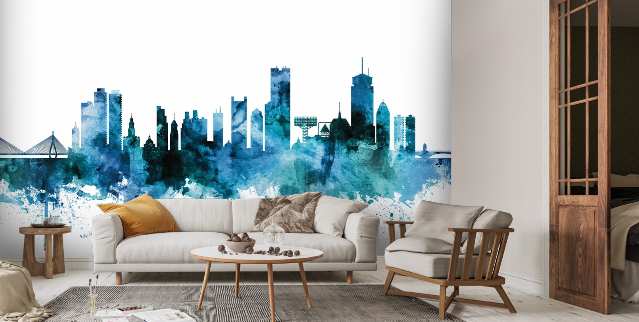 Boston, Massachusetts Blue Skyline Mural | Wallsauce US