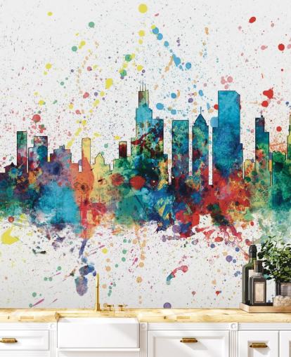 Chicago skyline vægmaleri med malingssprøjteffekt Chicago skyline vægmaleri med malingssprøjteffekt