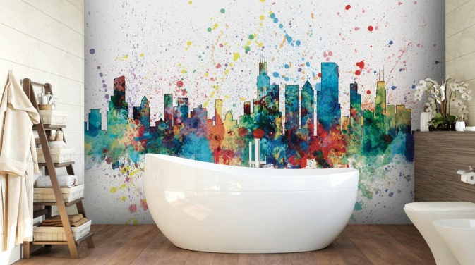 Chicago skyline wall mural with paint splatter effect
