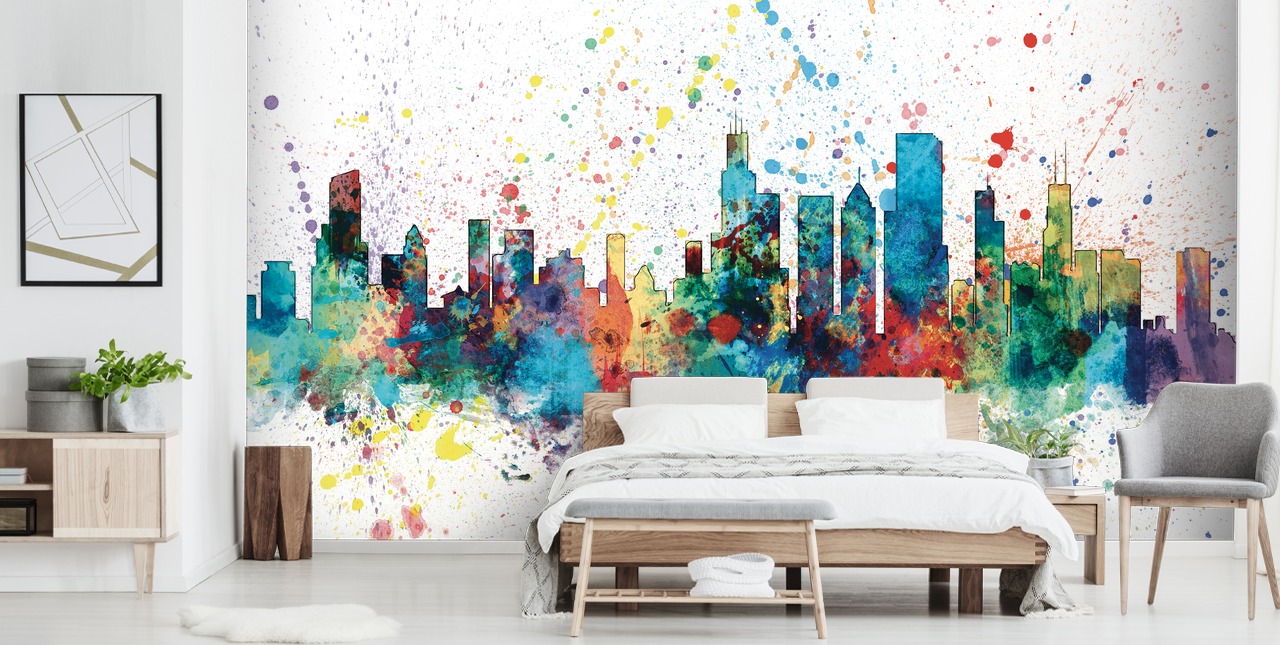 Chicago skyline wall mural with paint splatter effect Chicago skyline wall mural with paint splatter effect