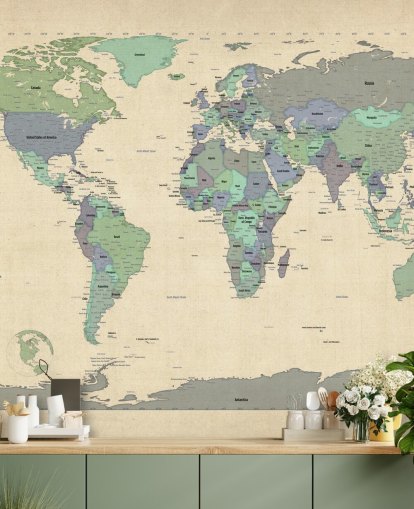 carte du monde murale bleue et verte appelée Map Of The World VI par Michael Tompsett pour les bureaux à domicile carte du monde murale bleue et verte appelée Map Of The World VI par Michael Tompsett pour les bureaux à domicile