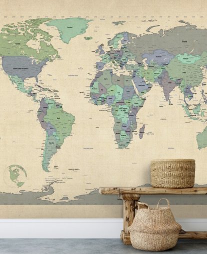 blue and green world map mural called Map Of The World VI by Michael Tompsett for home offices blue and green world map mural called Map Of The World VI by Michael Tompsett for home offices