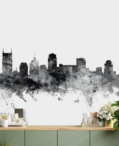 black and white tennessee skyline wallpaper mural called Nashville, Tennessee BW Skyline by Michael Tompsett black and white tennessee skyline wallpaper mural called Nashville, Tennessee BW Skyline by Michael Tompsett