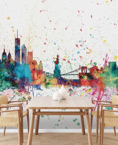 kleurrijke behangmuurschildering van New York genaamd New York City Skyline van Michael Tompsett kleurrijke behangmuurschildering van New York genaamd New York City Skyline van Michael Tompsett