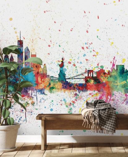 farverigt new york tapetmaleri kaldet New York City Skyline af Michael Tompsett farverigt new york tapetmaleri kaldet New York City Skyline af Michael Tompsett