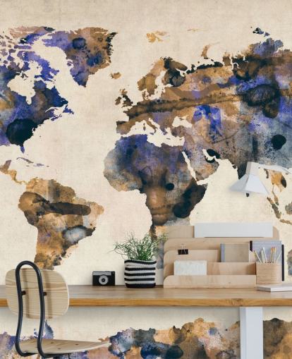blue and gold watercolour world map wall mural called Urban Watercolor World Map V by Michael Tompsett blue and gold watercolour world map wall mural called Urban Watercolor World Map V by Michael Tompsett