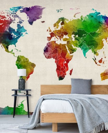 colourful watercolour map wallpaper mural called Watercolour Map Of The World III by Michael Tompsett colourful watercolour map wallpaper mural called Watercolour Map Of The World III by Michael Tompsett